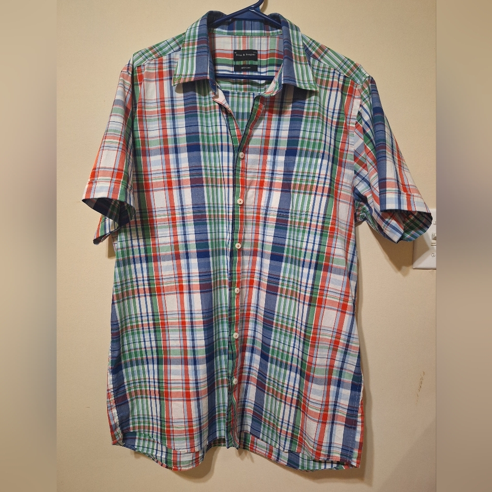 Bruun & Stengade size 44 men's easy care cotton colorful plaid shortsleeve shirt
